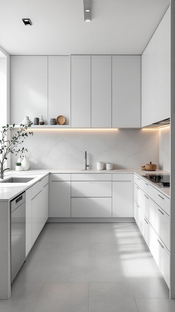 Modern minimalist kitchen with a sleek monochromatic color palette.