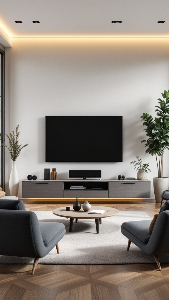 A modern living room featuring smart technology integration with minimalist design elements.