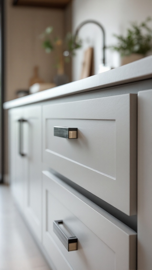 Close-up view of soft-close kitchen drawers with sleek handles.