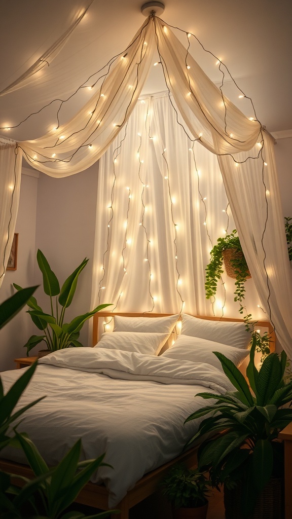 A cozy bedroom with a soft fairy light canopy above a bed, surrounded by plants.