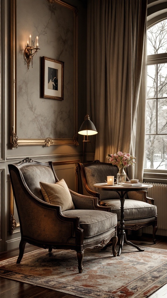 Sophisticated seating area in an elegant bedroom with vintage armchairs, a side table, and decorative accents.