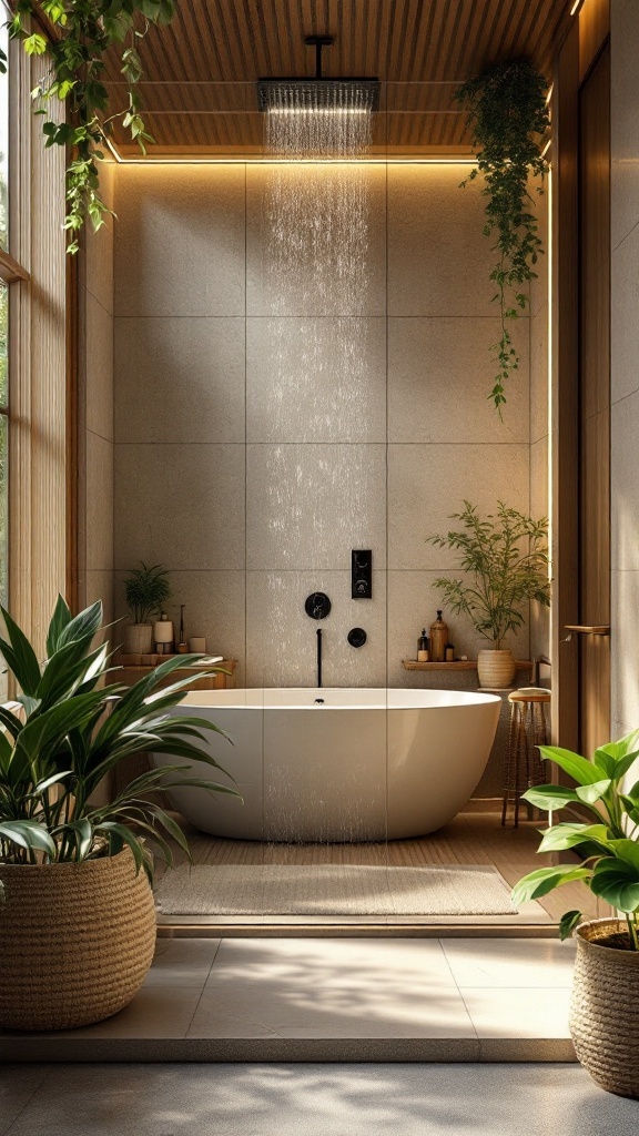 A modern luxury bathroom with a freestanding tub, plants, and natural light.