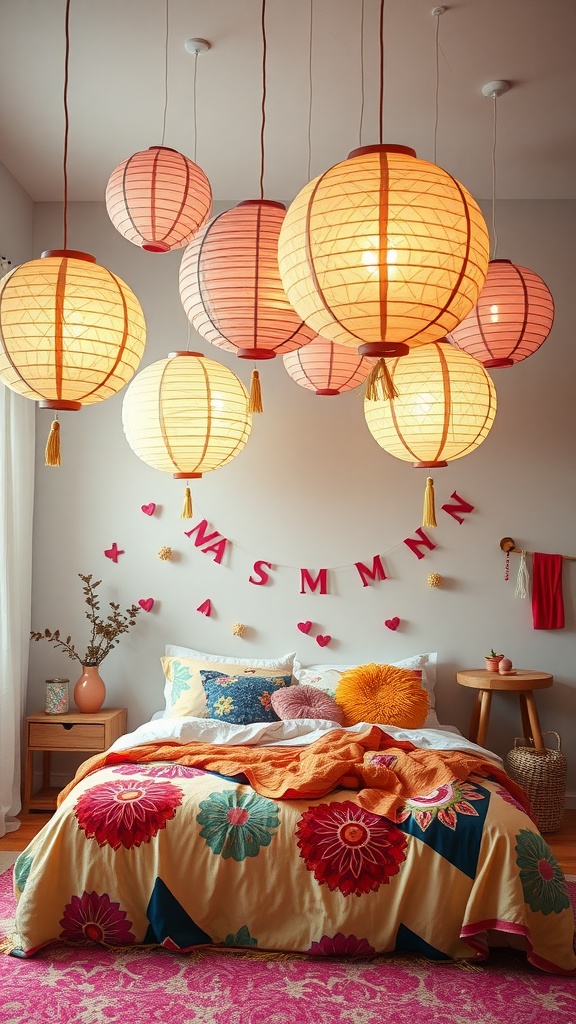 A cozy boho bedroom with hanging spherical paper lanterns providing warm light.