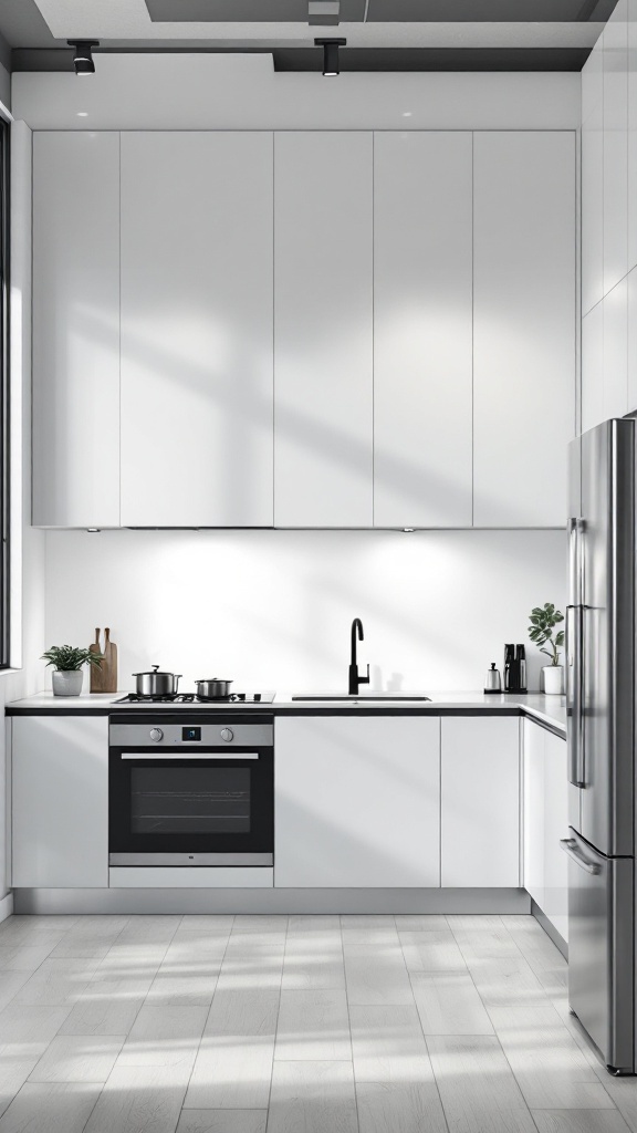 Modern minimalist kitchen featuring stainless steel finishes.