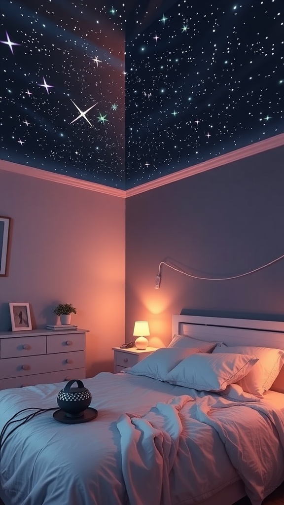 A cozy bedroom with a starry night projector displaying stars on the ceiling.