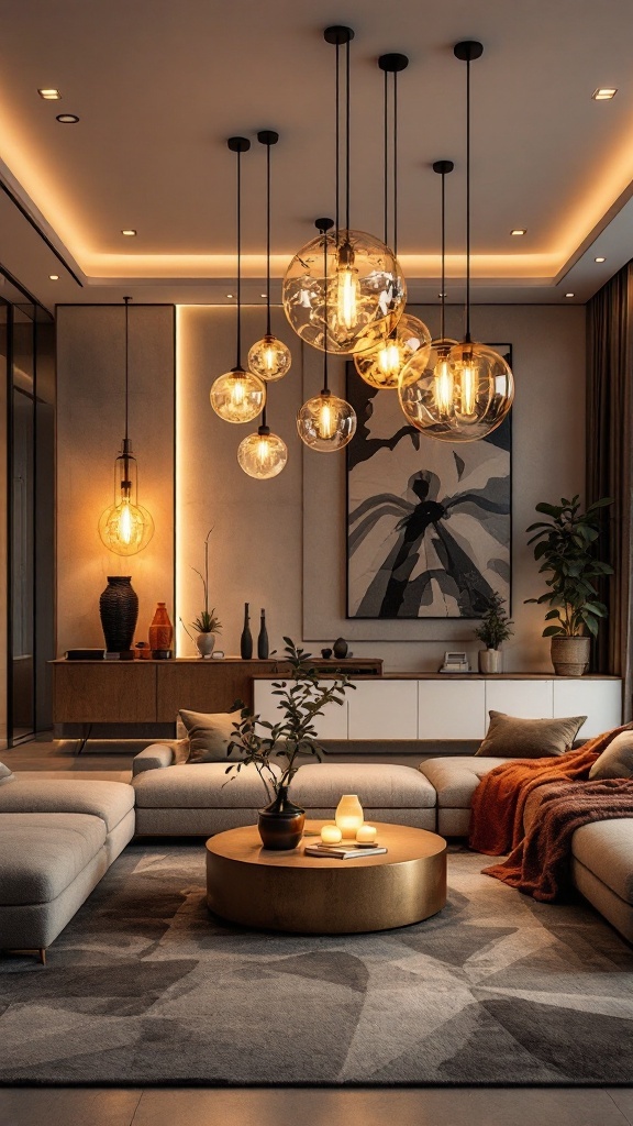 A modern living room with striking statement lighting fixtures hanging from the ceiling.