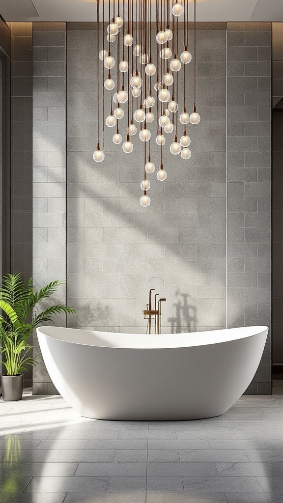 A modern luxury bathroom featuring a freestanding tub with statement lighting above.