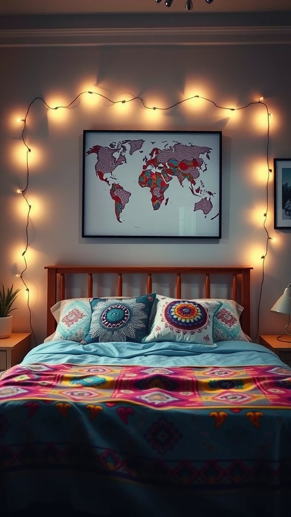 A cozy bedroom featuring string lights wrapped around a colorful world map on the wall, with a bed adorned with vibrant pillows and a patterned blanket.