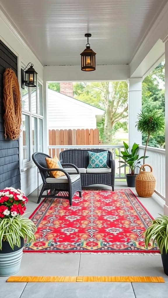 A bright red outdoor rug on a porch with black wicker furniture and potted plants.