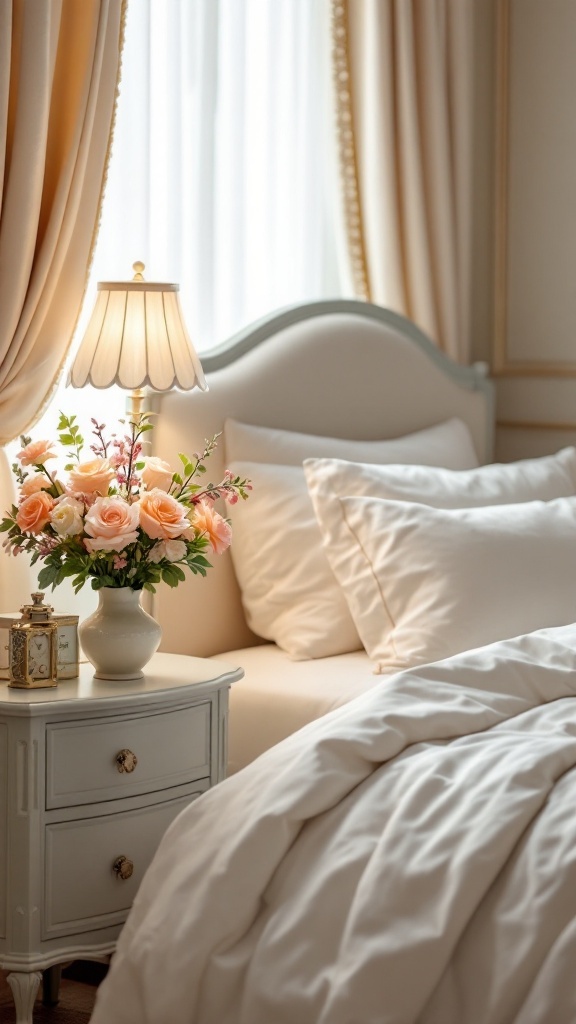 A cozy bedroom with a floral arrangement on the bedside table, featuring soft colors and elegant decor.