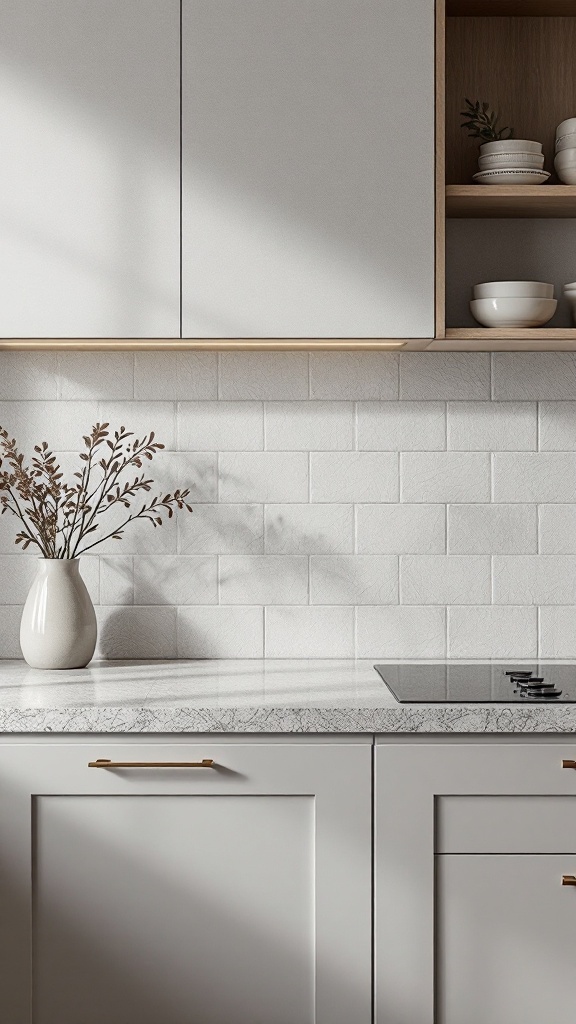 A modern minimalist kitchen with textured surfaces, featuring a light-colored tiled backsplash and a speckled countertop.