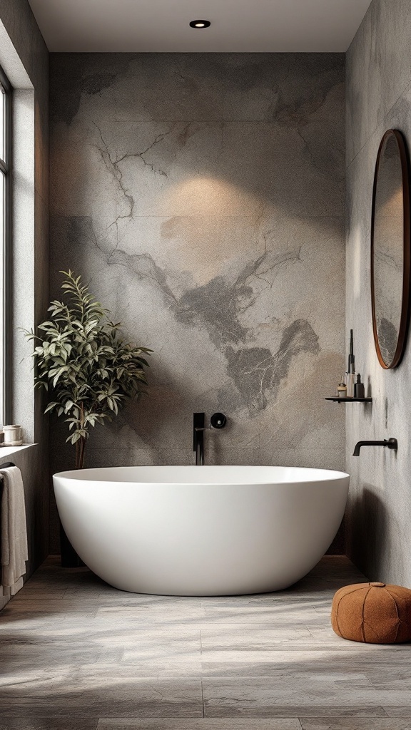 A modern luxury bathroom featuring textured walls and a freestanding bathtub.