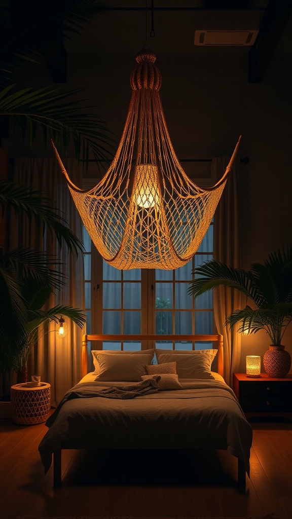 A beautifully lit bedroom featuring a tropical-themed hanging net light fixture, surrounded by plants.