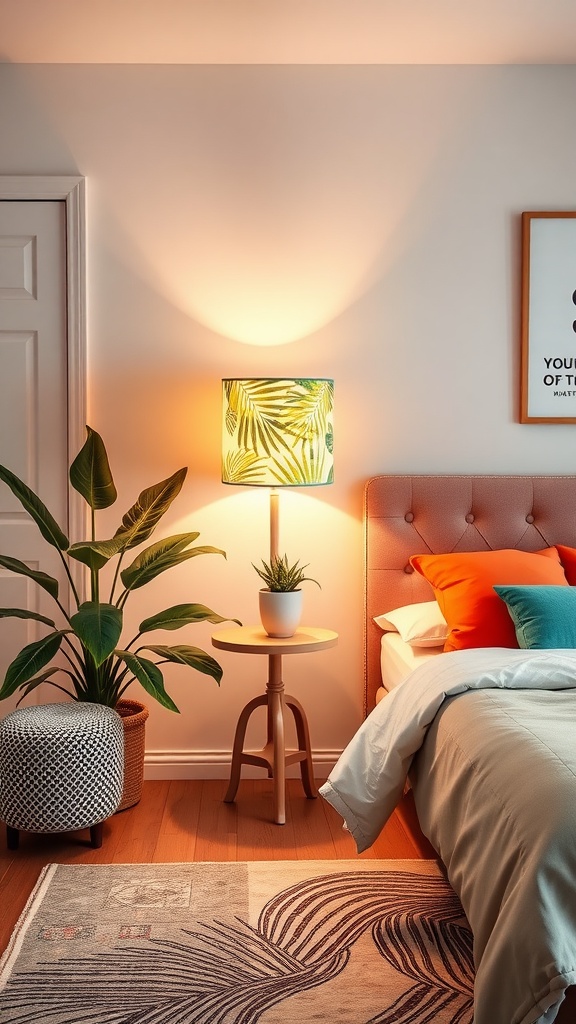 A stylish tropical leaf print floor lamp beside a bed with colorful cushions and a plant.