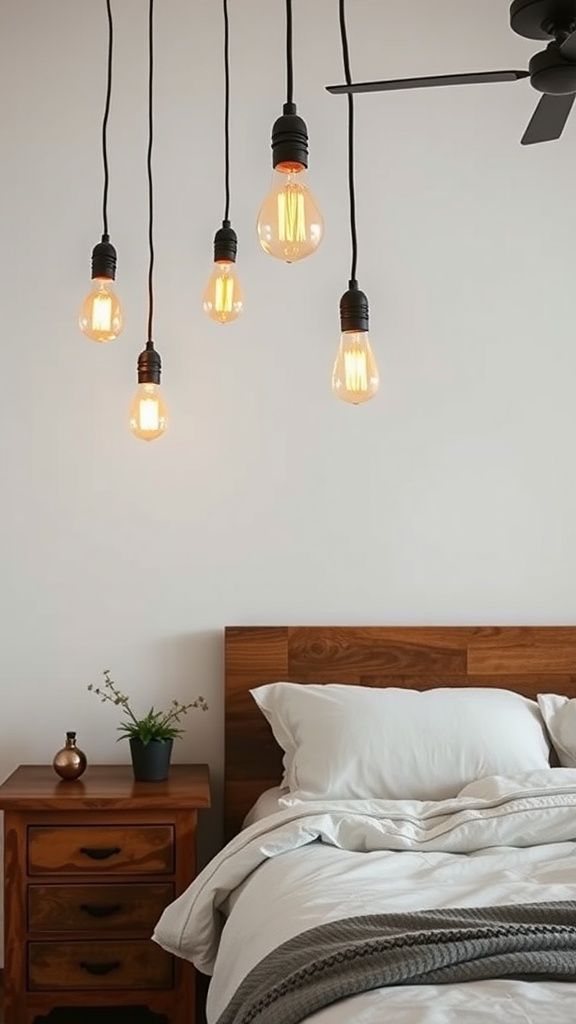 A cozy bedroom featuring hanging vintage Edison bulbs above the bed.