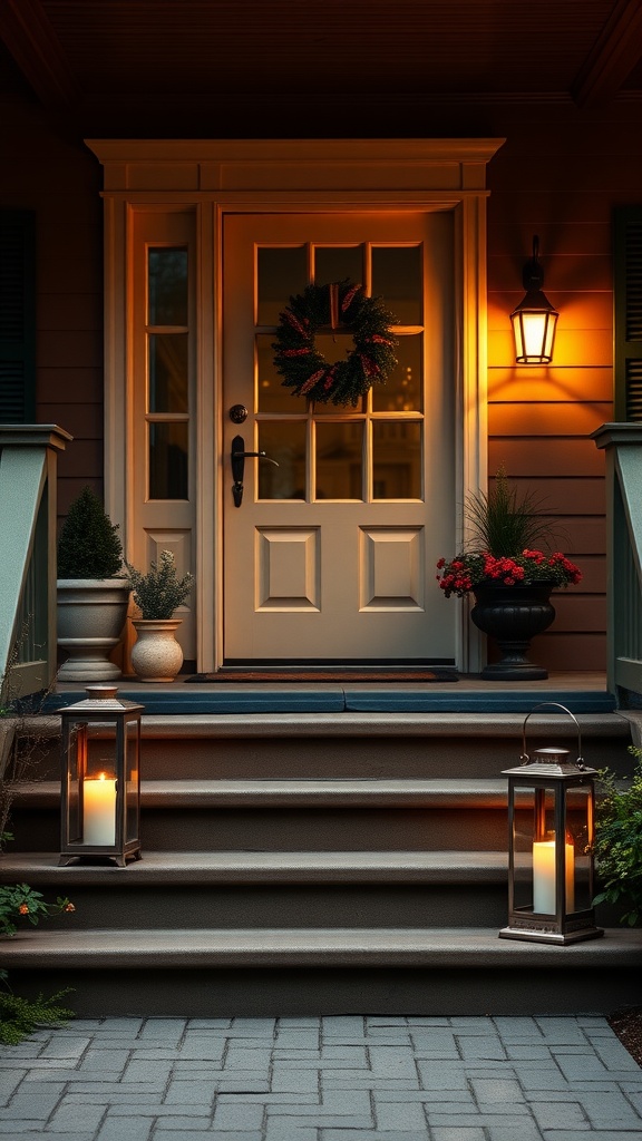 25+ Front Porch Ideas That Will Transform Your Outdoor Space 16 A front porch with vintage lanterns and a warm inviting entrance.