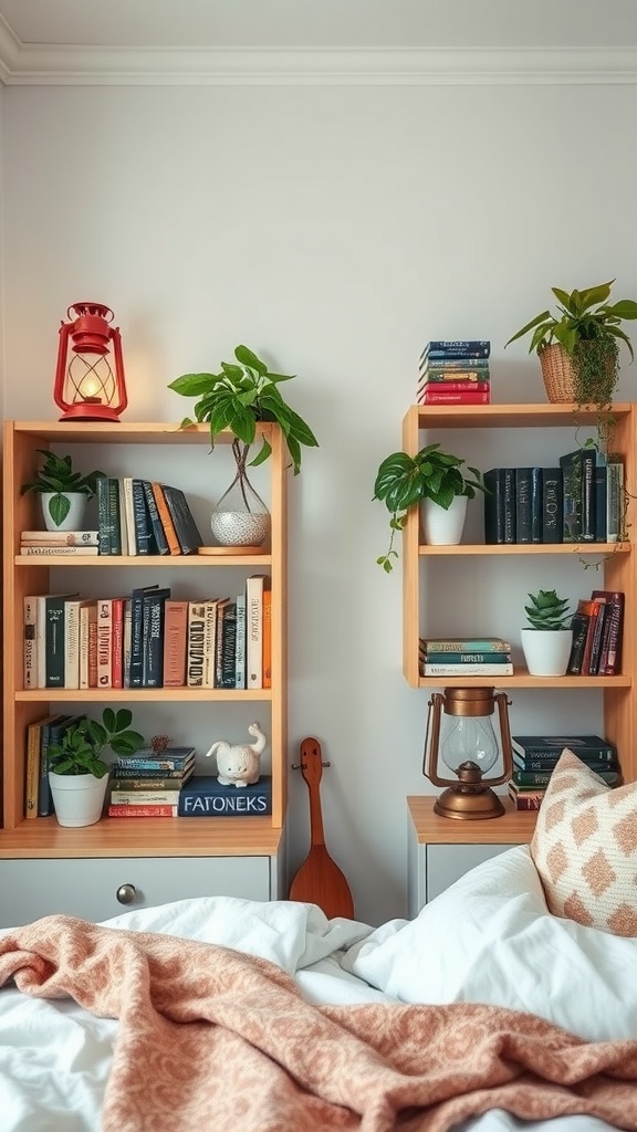 Two wooden shelves filled with books and plants, featuring a vintage red lantern and a bronze lantern, in a cozy bedroom setting.