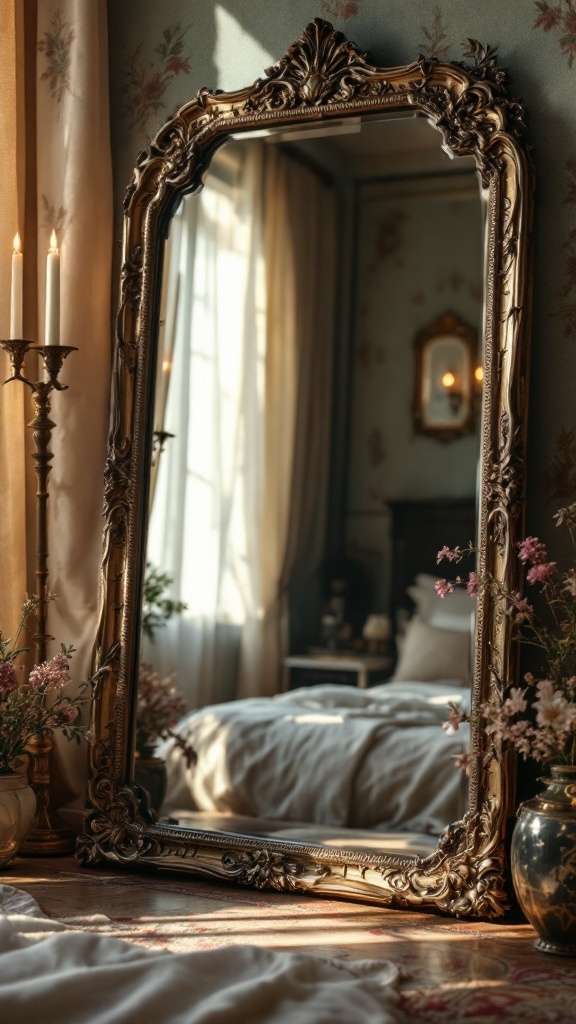 18 Old Money Bedroom Ideas to Elevate Your Space with Timeless Elegance 10 Vintage ornate mirror reflecting a cozy bedroom with soft lighting