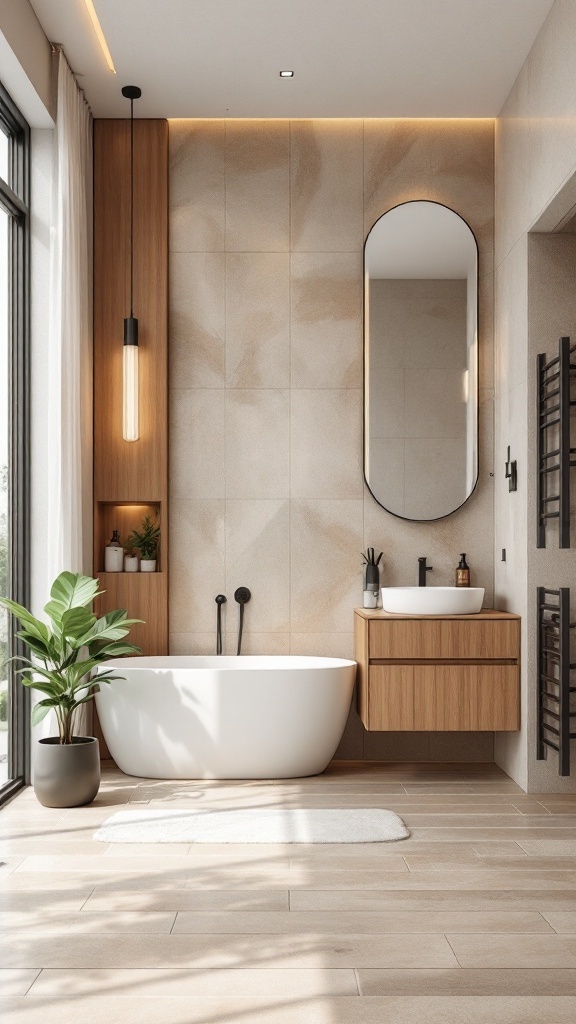 A modern luxury bathroom featuring warm wood accents, a freestanding bathtub, and natural light.