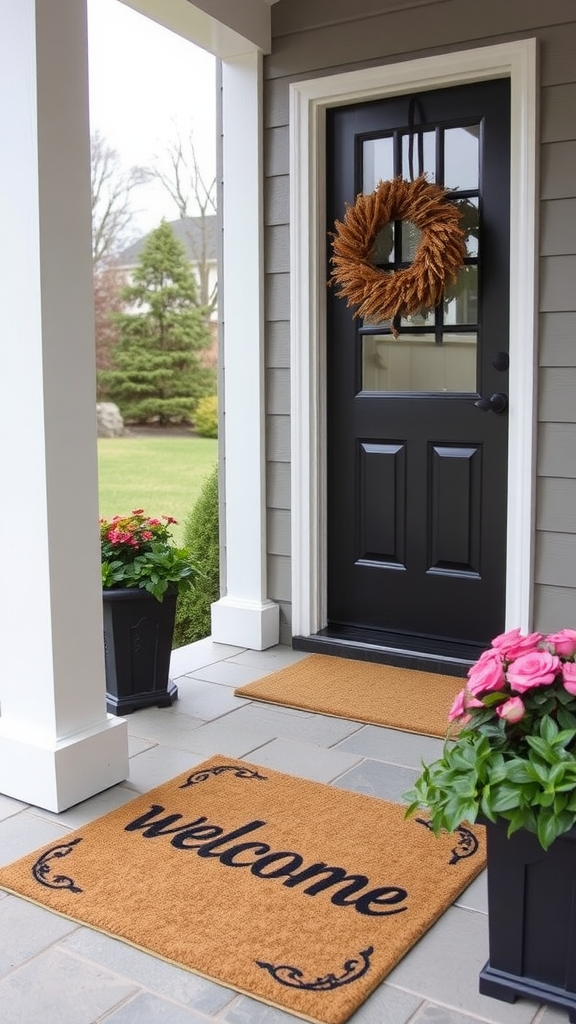 A front porch with two doormats displaying cheerful texts, surrounded by plants and flowers.