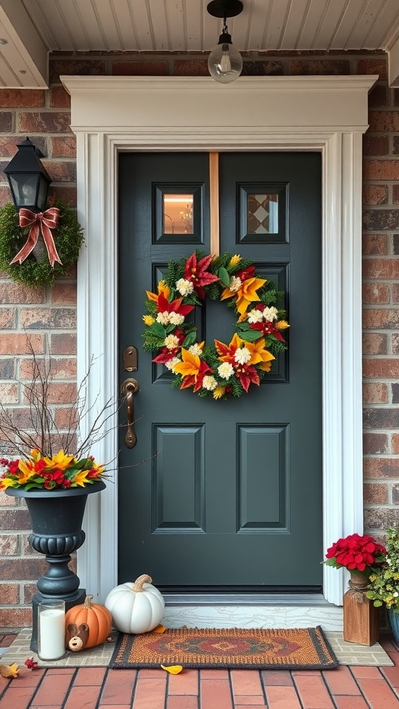 A decorative front porch with a colorful wreath, pumpkins, and flowers.