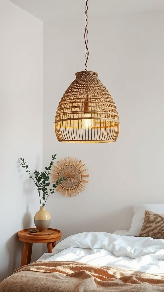 Woven rattan pendant lamp hanging in a cozy boho bedroom