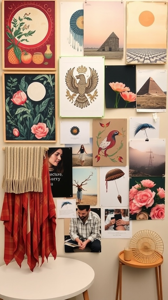 25+ Inspiring Boho Home Office Ideas to Spark Creativity & Comfort 8 A vibrant boho home office with an inspiration board featuring various art pieces, textiles, and plants.