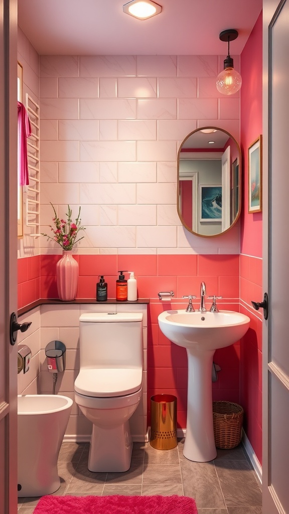 22+ Creative Small Bathroom Design Ideas for Maximum Style 9 A small bathroom featuring bold pink tiles and stylish decor.
