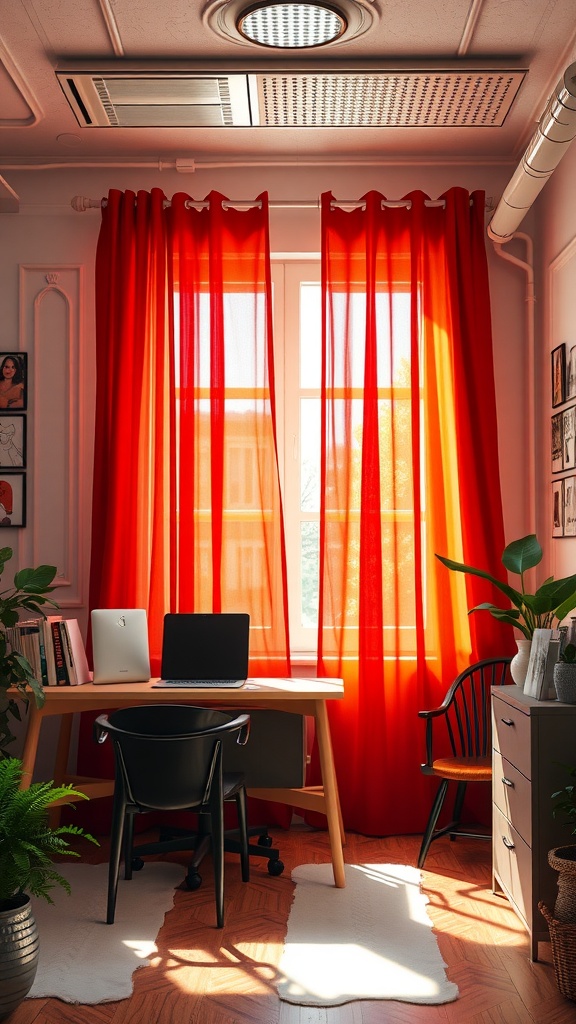 25+ Inspiring Boho Home Office Ideas to Spark Creativity & Comfort 23 A home office featuring bright red curtains, a desk with a laptop, and plants.