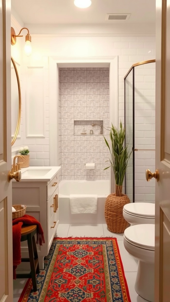 22+ Creative Small Bathroom Design Ideas for Maximum Style 26 A small bathroom featuring colorful patterned rugs on the floor.