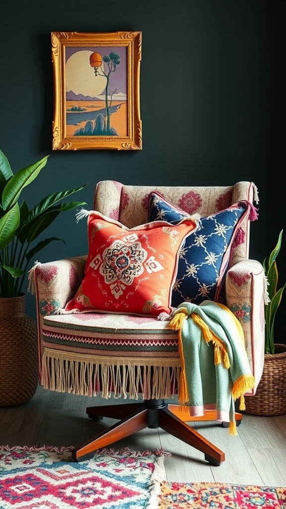 25+ Inspiring Boho Home Office Ideas to Spark Creativity & Comfort 18 A stylish home office chair adorned with colorful throw pillows, featuring a vibrant green and a pink patterned pillow.