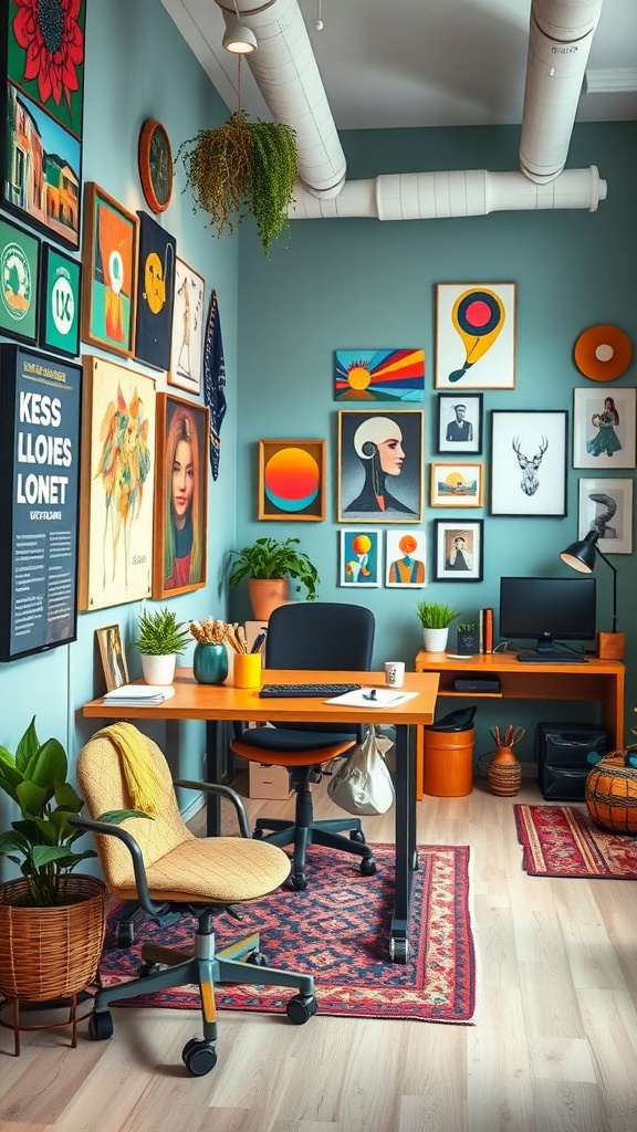 25+ Inspiring Boho Home Office Ideas to Spark Creativity & Comfort 14 A boho home office with colorful wall art, plants, and a cozy desk setup.