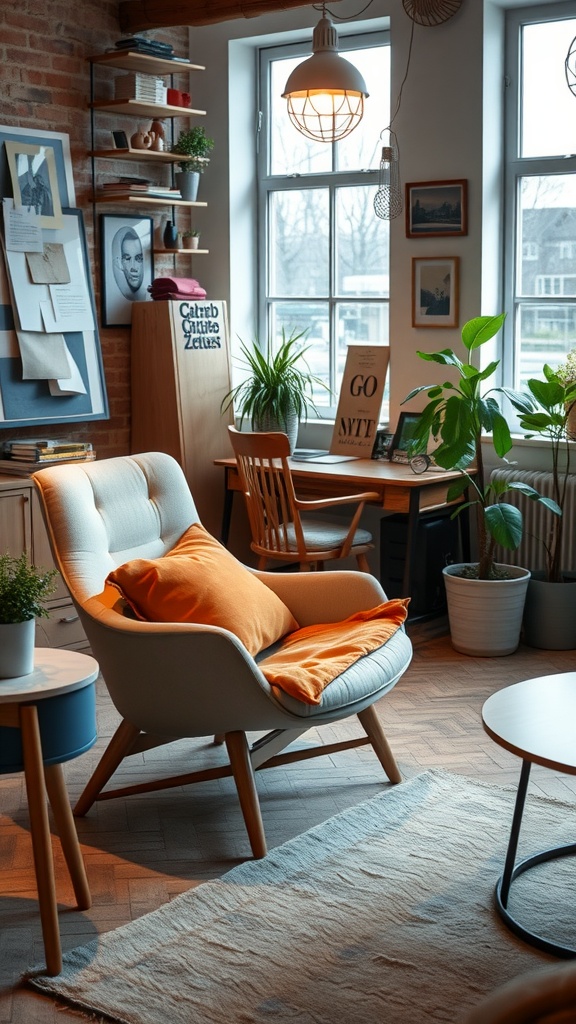25+ Inspiring Boho Home Office Ideas to Spark Creativity & Comfort 26 A cozy home office with a comfortable lounge chair, orange pillow, and natural light.