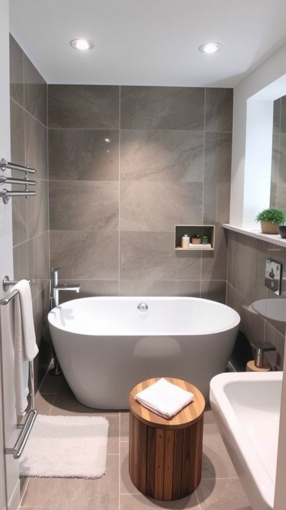 22+ Creative Small Bathroom Design Ideas for Maximum Style 6 A compact bathtub in a small bathroom with grey tiles and a plant.