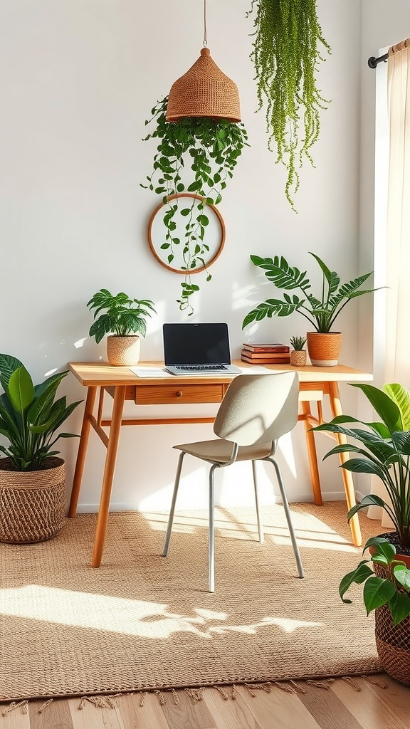 25+ Inspiring Boho Home Office Ideas to Spark Creativity & Comfort 7 A warm and inviting home office with a cozy textured rug, plants, and a simple desk.