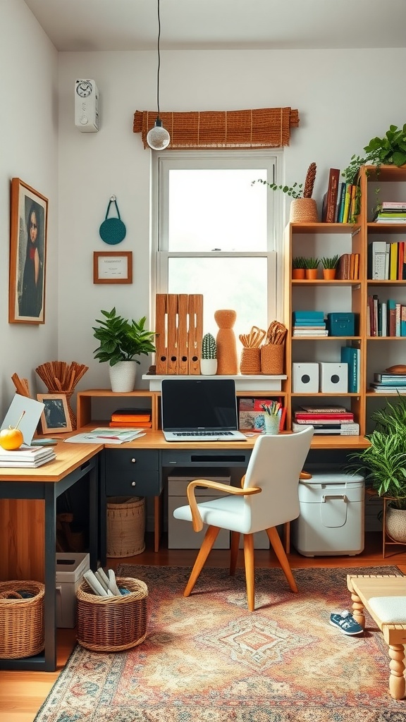 25+ Inspiring Boho Home Office Ideas to Spark Creativity & Comfort 20 A cozy boho-inspired home office with a craft supply corner featuring shelves, plants, and organized craft materials.