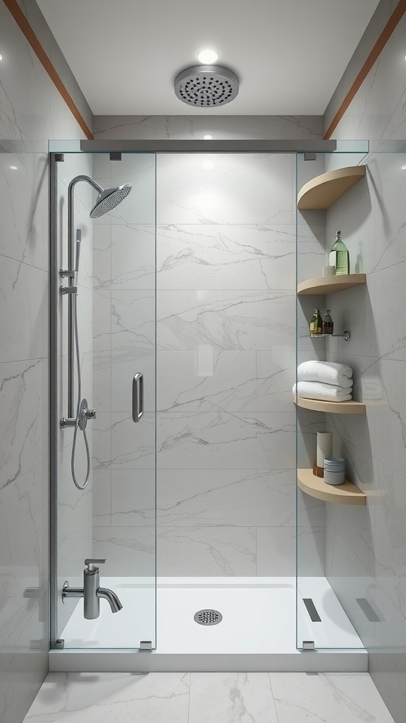 22+ Creative Small Bathroom Design Ideas for Maximum Style 3 A modern shower with glass doors and wooden shelves for storage.