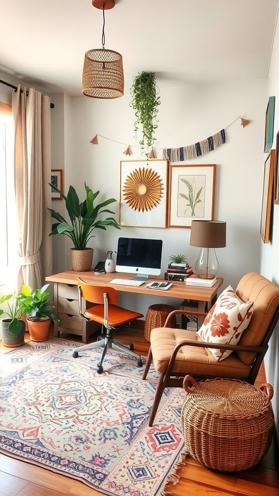 25+ Inspiring Boho Home Office Ideas to Spark Creativity & Comfort 13 A boho-inspired home office with plants, a cozy chair, and a wooden desk.