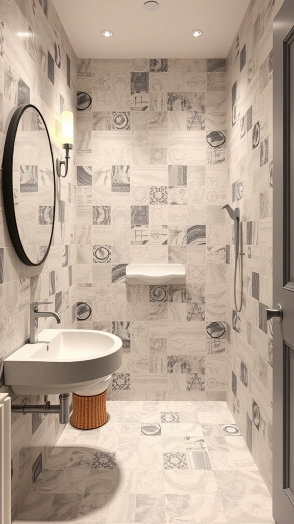 22+ Creative Small Bathroom Design Ideas for Maximum Style 25 A small bathroom featuring customized tile patterns, with a modern sink and a round mirror.