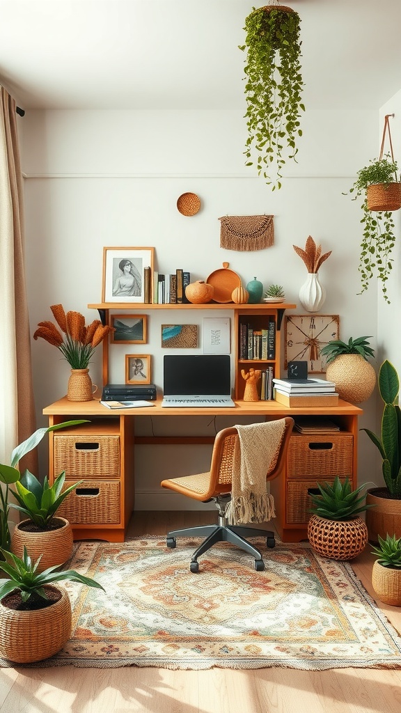 25+ Inspiring Boho Home Office Ideas to Spark Creativity & Comfort 2 A cozy boho home office featuring earthy colors and natural elements.