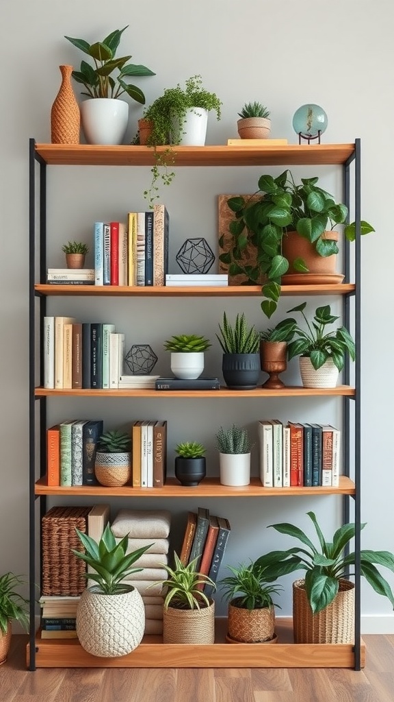 25+ Inspiring Boho Home Office Ideas to Spark Creativity & Comfort 12 A stylish eclectic shelving unit filled with books, plants, and decorative items.