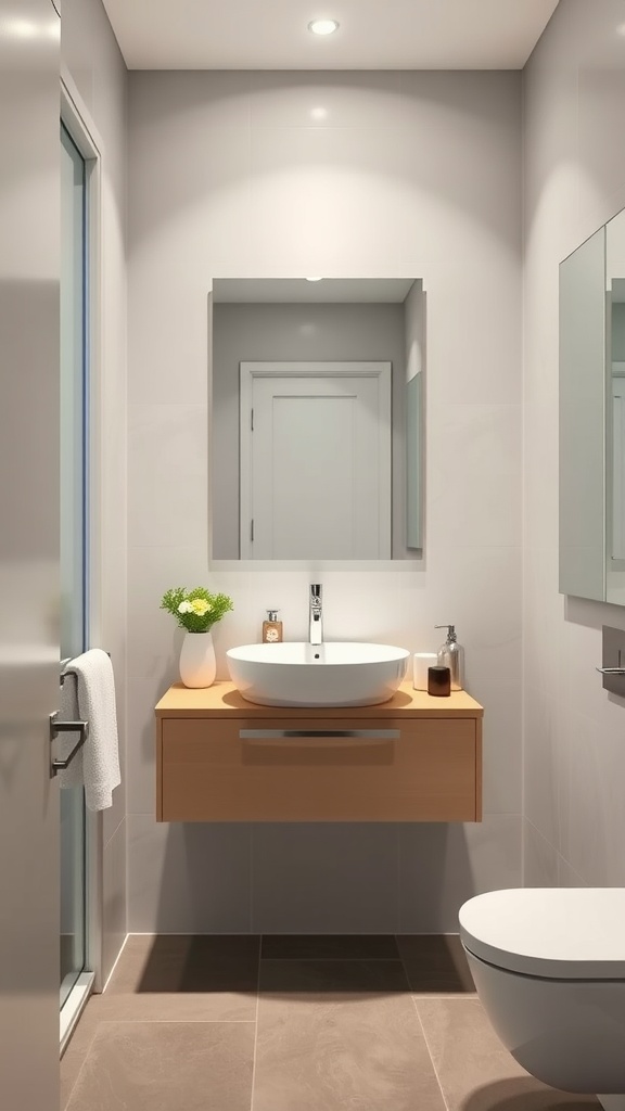 22+ Creative Small Bathroom Design Ideas for Maximum Style 2 A small bathroom featuring a floating vanity with a round sink and a light wood finish.