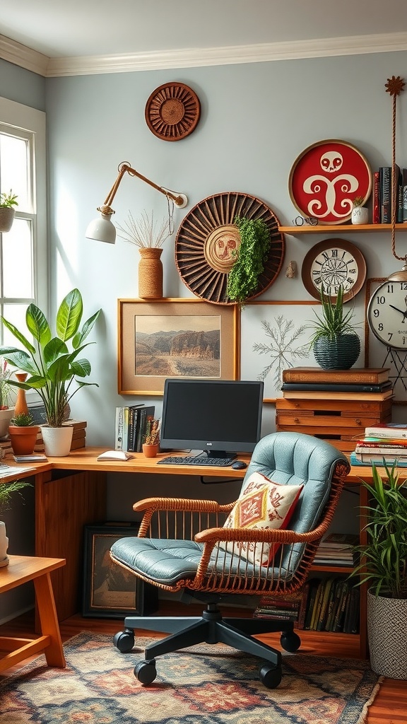 25+ Inspiring Boho Home Office Ideas to Spark Creativity & Comfort 25 A boho-inspired home office featuring folk art decor with vibrant wall hangings and greenery.