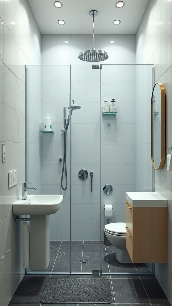 22+ Creative Small Bathroom Design Ideas for Maximum Style 21 A modern small bathroom featuring glass partitions and a minimalist design.