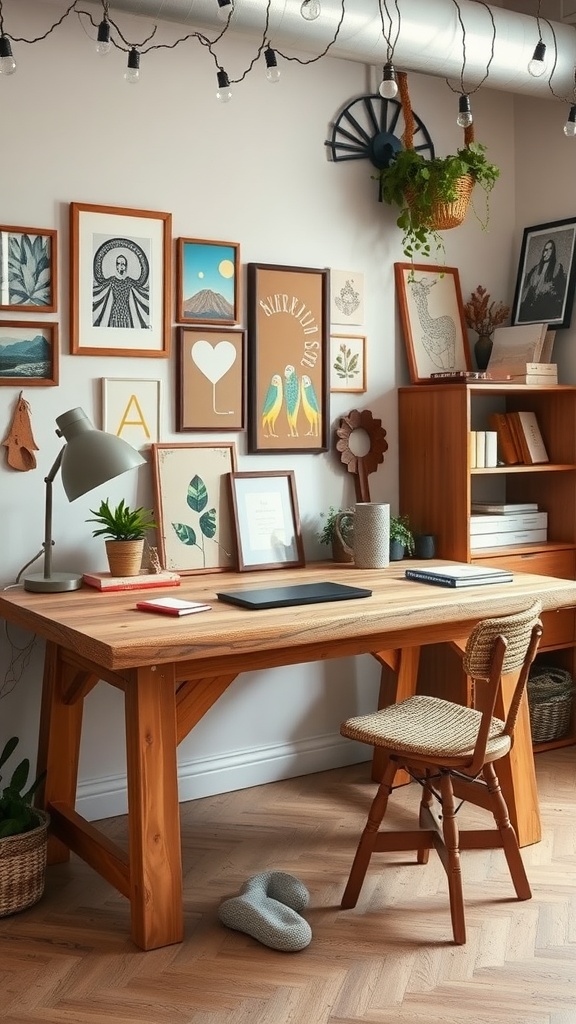 25+ Inspiring Boho Home Office Ideas to Spark Creativity & Comfort 5 A handcrafted wooden desk with a cozy home office setup, featuring a lamp, plants, and framed art on the wall.