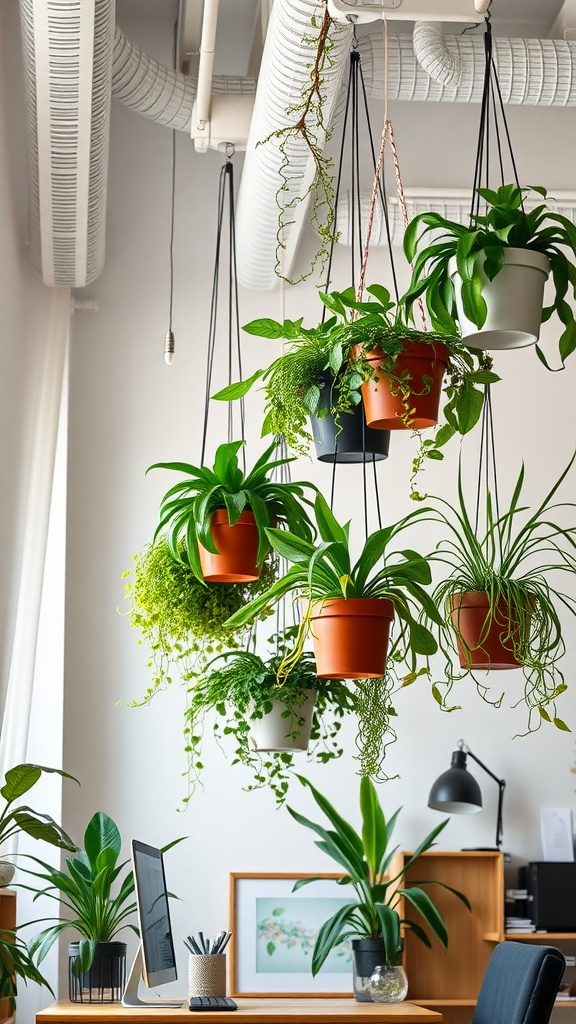 25+ Inspiring Boho Home Office Ideas to Spark Creativity & Comfort 11 A stylish home office with various hanging planters featuring vibrant green plants.