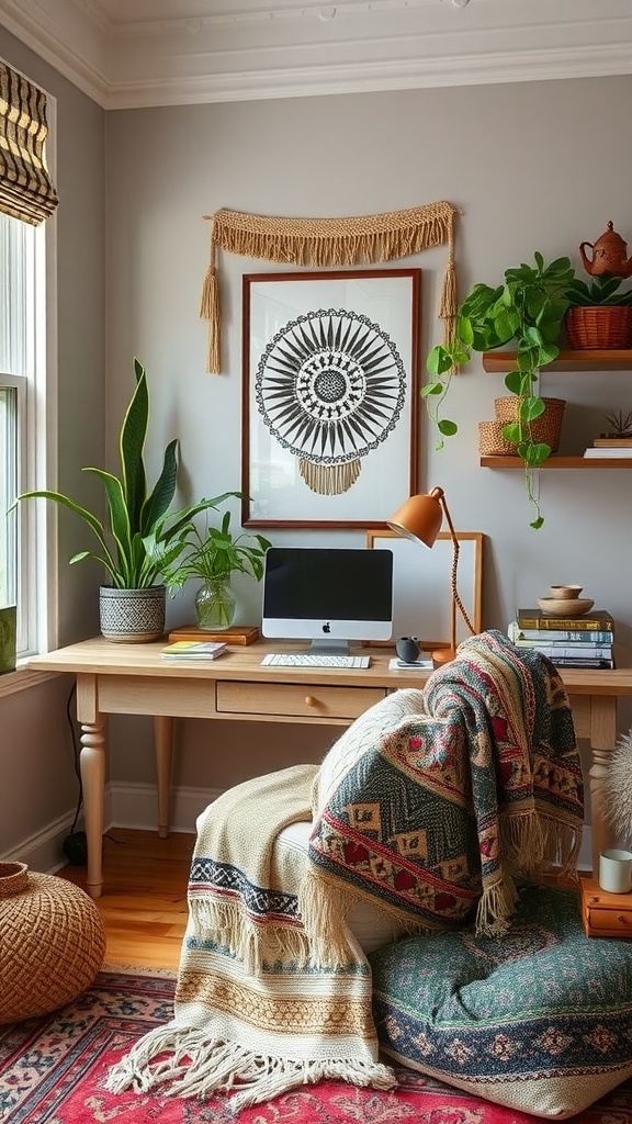 25+ Inspiring Boho Home Office Ideas to Spark Creativity & Comfort 10 Cozy boho home office with layered textiles including a brown sofa, colorful pillows, and woven rugs