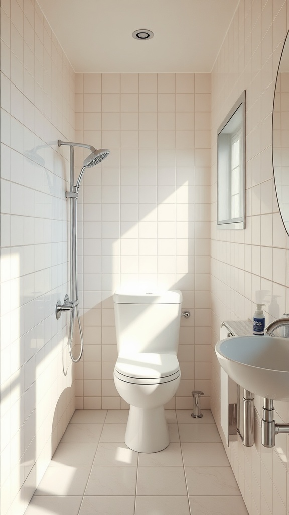 22+ Creative Small Bathroom Design Ideas for Maximum Style 4 A small bathroom featuring light-colored tiles, a shower, and modern fixtures.