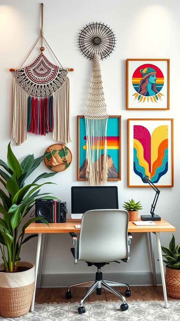 25+ Inspiring Boho Home Office Ideas to Spark Creativity & Comfort 9 A stylish home office featuring macrame wall hangings, colorful artwork, and a modern desk setup.