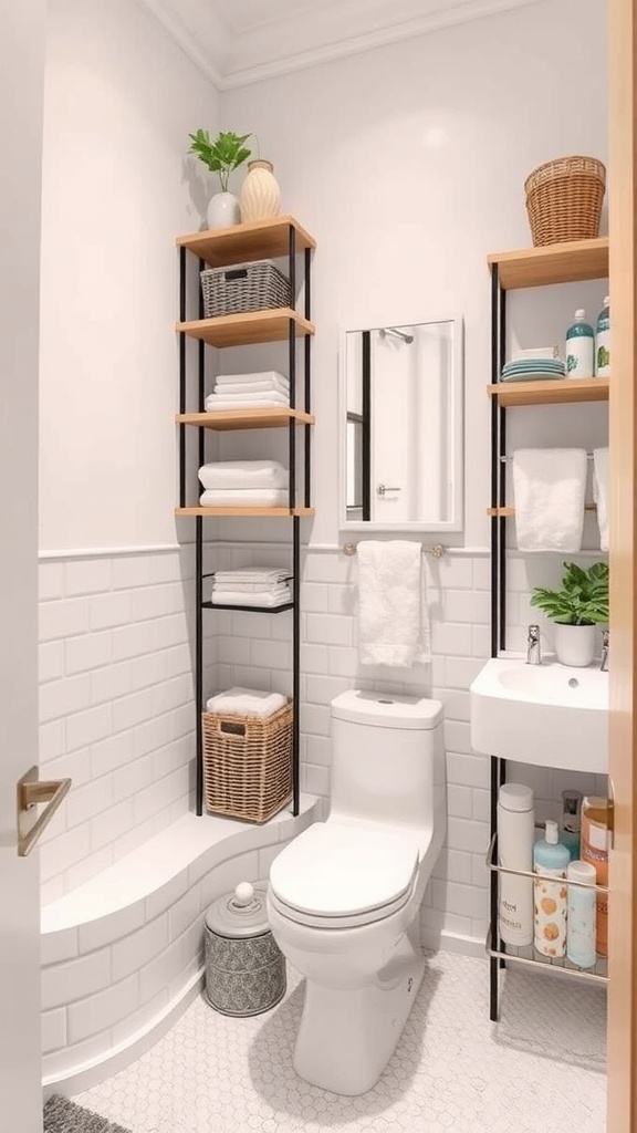 22+ Creative Small Bathroom Design Ideas for Maximum Style 7 A small bathroom with shelves, a mirror, and plants, demonstrating the use of vertical space.